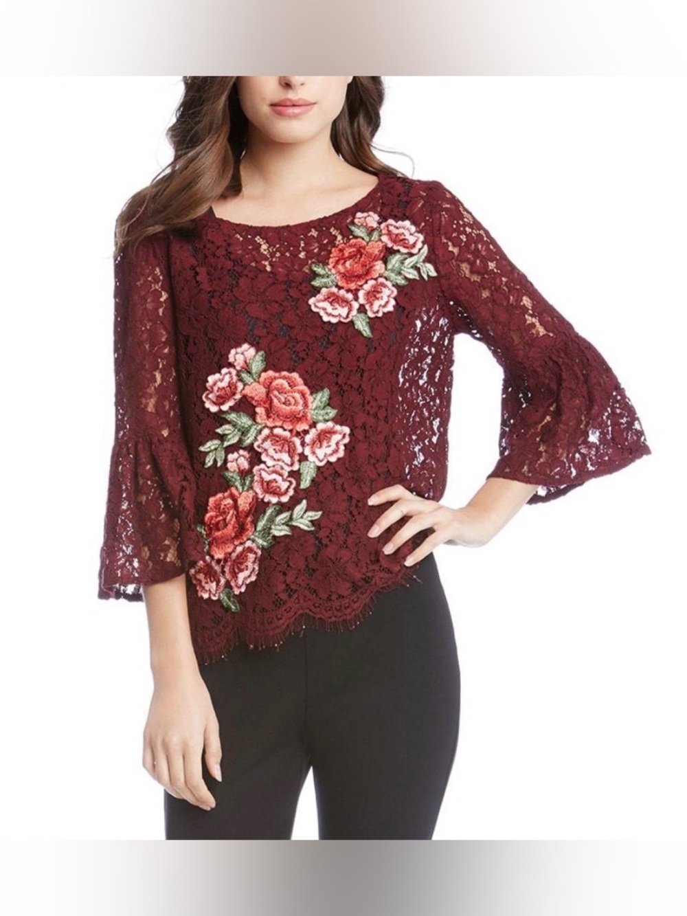 Karen Kane Burgundy Lace with Floral Embroidery Embellished Bell Sleeve Lace Top - Picture 4 of 16